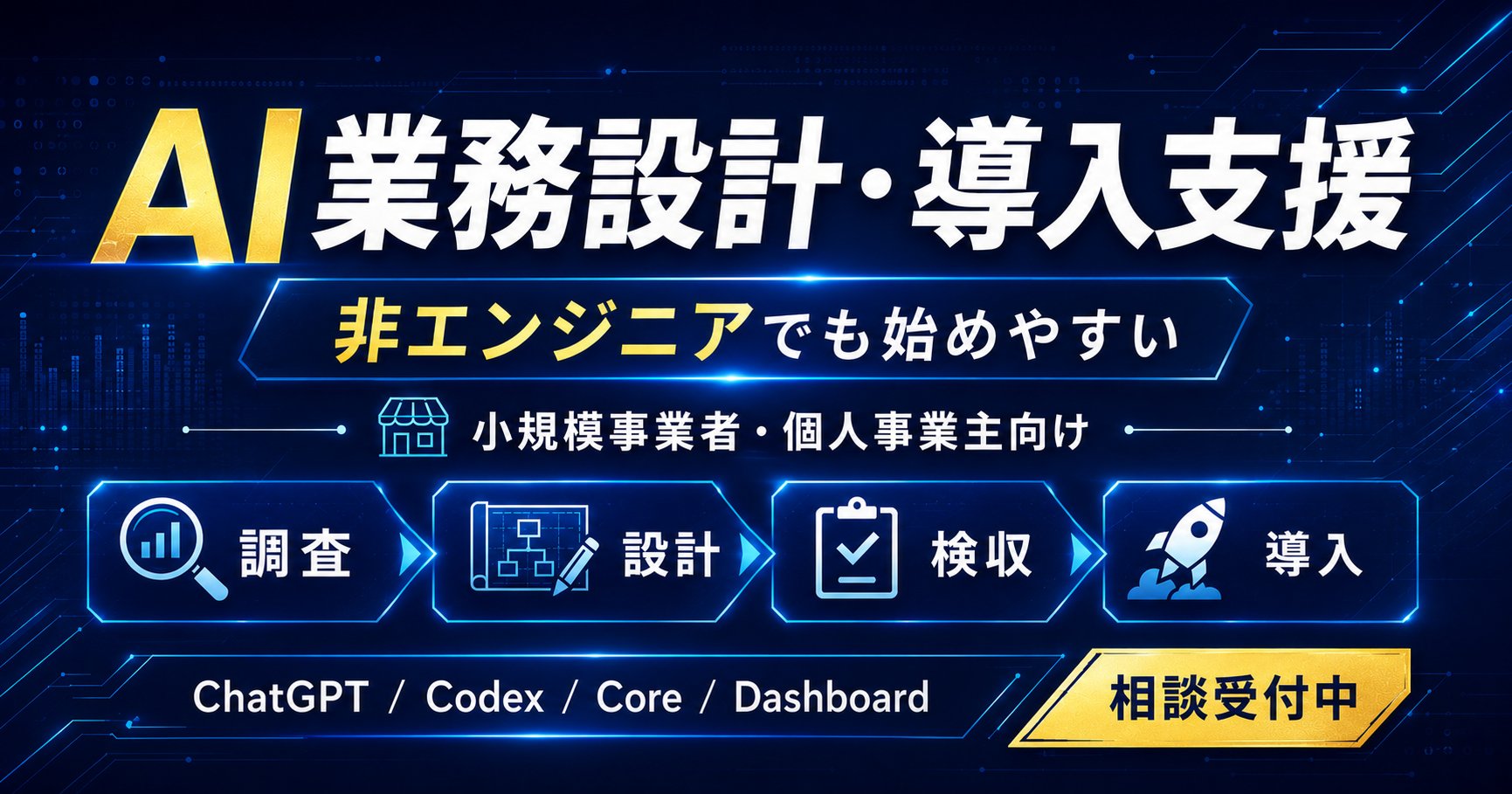ChatGPT・Codex・Core・Dashboardを使ったAI業務設計と小規模事業者向け導入支援のイメージ